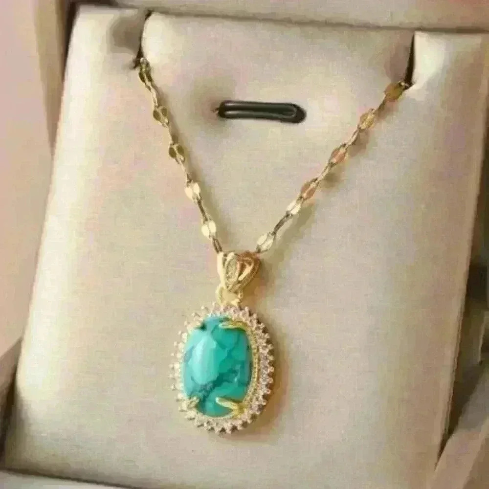 Larimar Stone and Sparkling Crystal Halo Set in 18k Gold Filled Necklace